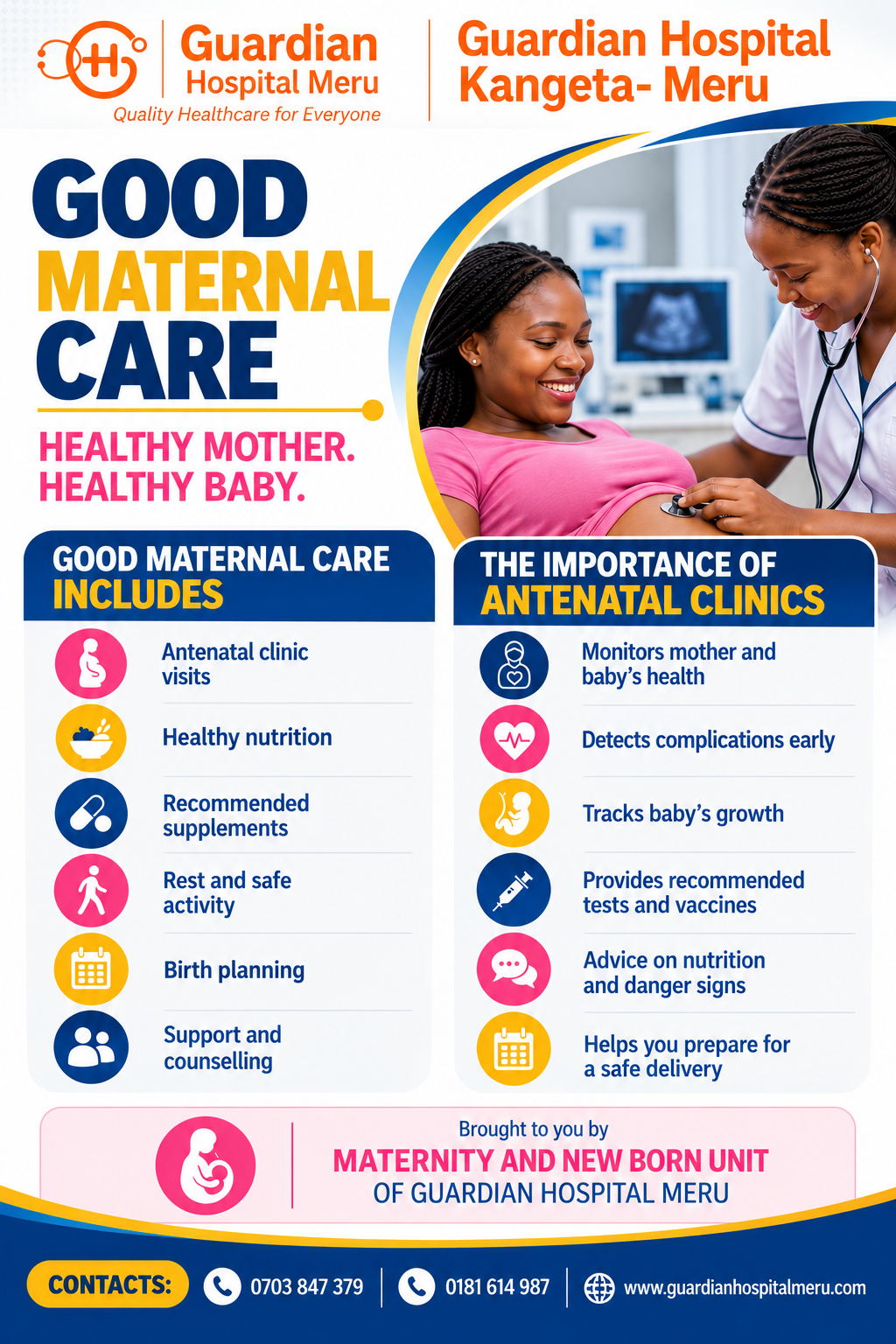 Guardian Hospital Meru maternal health awareness poster promoting good maternal care and antenatal clinic visits